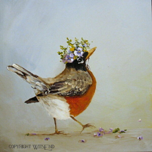 Queen Robin painting RESERVED for Monica original spring bird and flower crown still life art