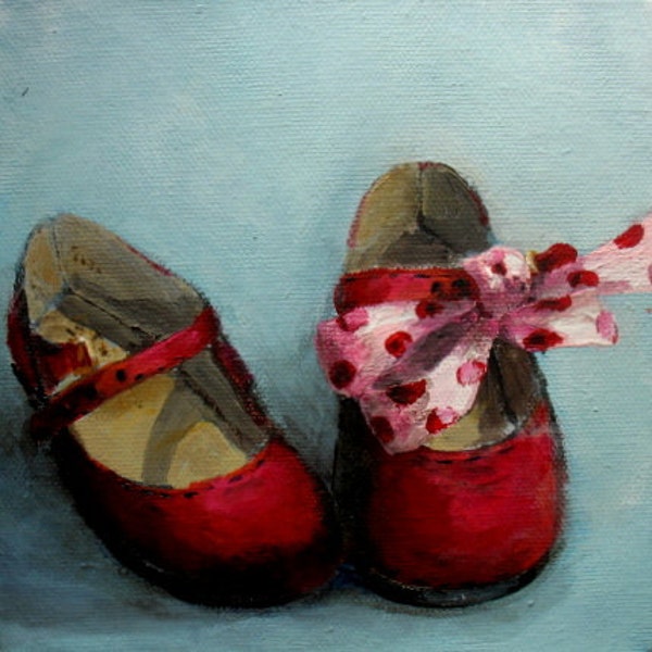 Red Shoes painting with pink bow original Memory Box art ooak FREE usa shipping Treasury Item