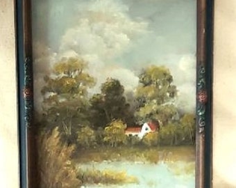 cottage pond landscape painting original oil  ooak antique Barbola frame art NOT a print Home Sweet Home