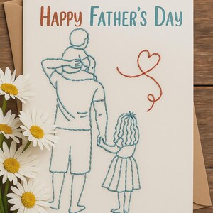 Father’s Day Card Printable | Dad with Kids Outline Art | Digital Download | Sentimental Card from Daughter and Son | Instant Gift for Dad