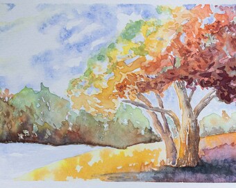 Original Watercolor Painting: Autumn at the Stream