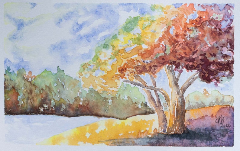 Original Watercolor Painting Autumn at the Stream