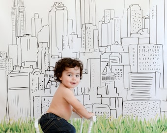 New York City skyline, vinyl photo backdrop, 8ft x 8ft, with 3" pole pockets, hand illustrated, custom