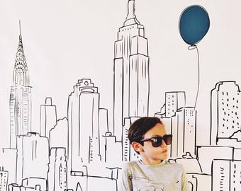 New York City skyline, vinyl photo backdrop, hand illustrated, custom for birthday, wedding, holiday card, etc.