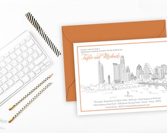 Austin Weddings, Modern, Custom Illustrated, Austin, Texas, City Skyline, Save the Date, Rehearsal Dinner, Texas Wedding, Hand Drawn