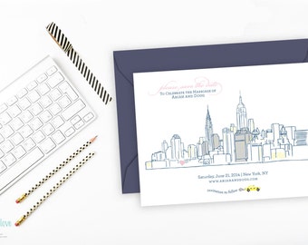 New York Weddings, Modern, Custom Illustration, NYC, Manhattan, City Skyline, Save the Dates, Hand Drawn