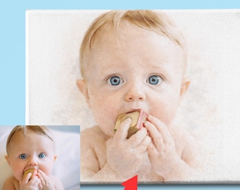 Custom Watercolor Family Portrait, Photo to Canvas Print, Newborn Art