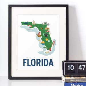 Impresión artística digital de Florida, póster colorido con mapa del estado, decoración de pared de viaje, ilustración de lugares emblemáticos de Florida, imprimible para el hogar, la oficina y el aula.