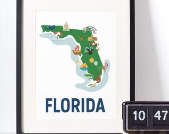 Florida Map Art Print: Colorful Landmarks Illustration (Digital Download)