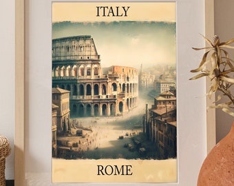 Cartel de viaje vintage de Roma Italia - Impresión de arte histórico del Coliseo - Arte de pared