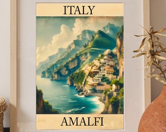 Poster di viaggio vintage della Costiera Amalfitana in Italia - Stampa artistica sul mare scenico
