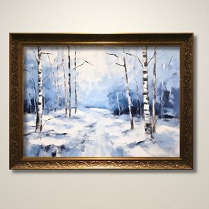Impresión de arte digital de bosque invernal, pintura de paisaje nevado sereno, escena invernal de abedules, arte mural invernal tranquilo, descarga instantánea