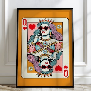 Cartel de la reina de corazones del arte pop, arte de la pared de la suerte, decoración de la pared de dopamina, arte funky, decoración de la pared del arte pop, hogar maximalista, impresión de naipes