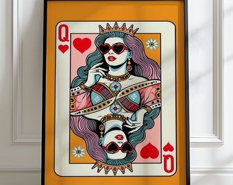 May include: A stylized illustration of the Queen of Hearts playing card. The queen is wearing a crown, sunglasses, and a pink and red dress. The card is set against a yellow background.