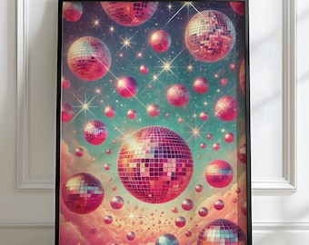 Retro Disco Ball Print, Różowy sen disco, Modna sztuka ścienna, Dekoracja dziewczęcego pokoju w akademiku, Sztuka w barze Bachelorette, Dekoracja maksymalistyczna, Plakat Disco Ball