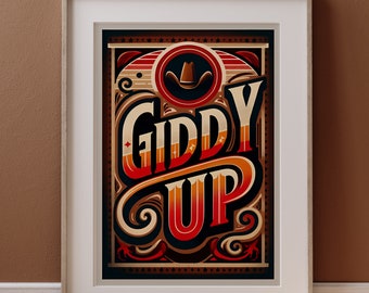 Giddy Up Typography Art Print, Western Decor, Rustic Wall Art