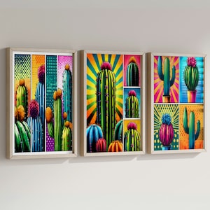 Pop Art Kaktus 3er-Set Drucke, Digital Download, bunte Wanddekoration, moderne botanische Illustration, lebendige Kaktuskunst