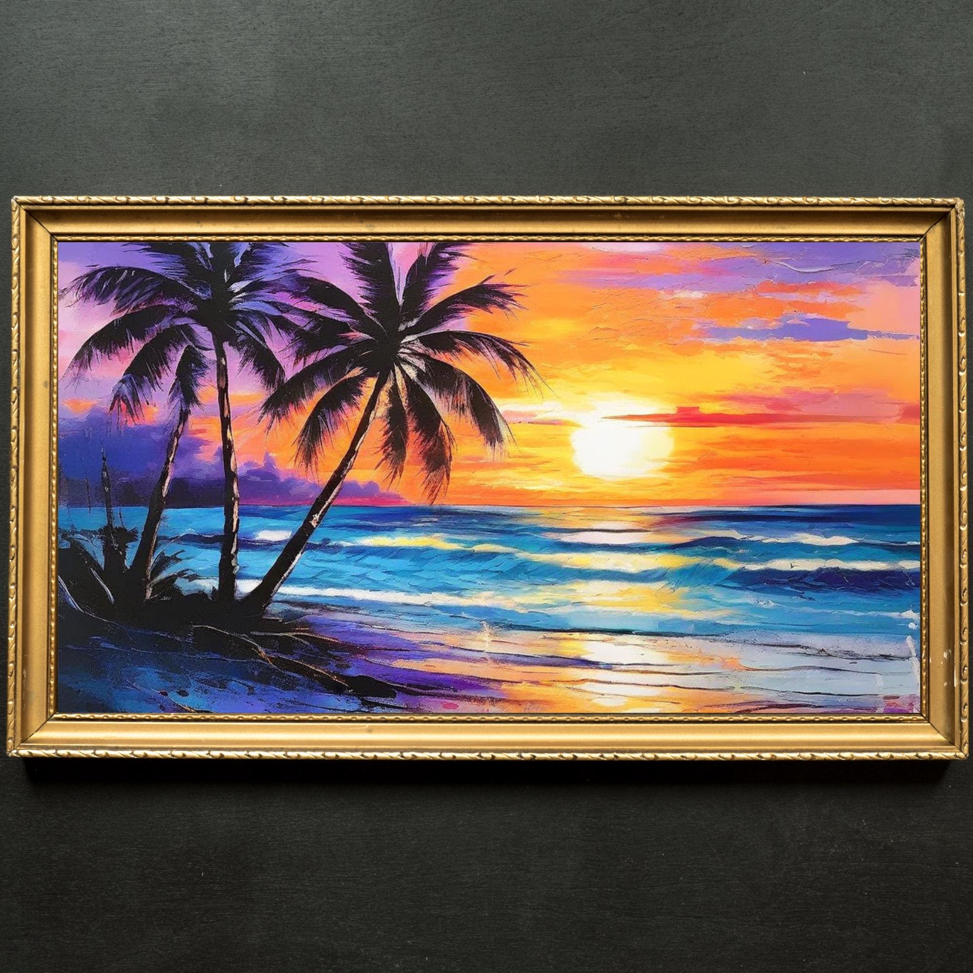 Tropical Sunset Beach Digital Art Print, Vibrant Ocean Waves Painting ...