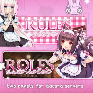 Può includere: Due pannelli per server Discord con personaggi in stile anime in abiti da cameriera. Un pannello recita "RULES please" su uno sfondo rosa a quadretti. L'altro pannello dice "ROLES auto roles". È presente anche una grafica di coniglietto rosa.
