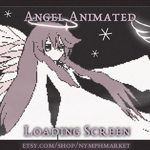 Może przedstawiać: Animowana ilustracja anioła z pikselowanymi detalami, aureolą i skrzydłami. Obraz ma ciemne tło z białymi gwiazdami i tekstami "Angel Animated" i "Loading Screen".