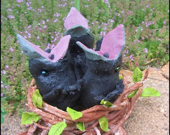 Soft Sculpture Black Baby Crows in Nest