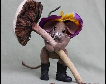 Primitive  Mouse with Fabric Mushroom OOAK Handmade