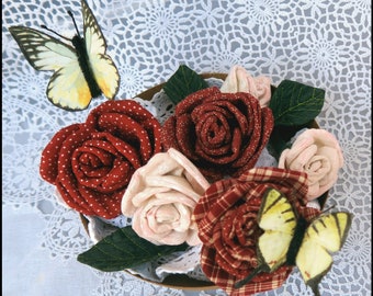 Fabric Roses Red Handmade Roses, Leaves and Butterflies