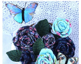 Blue Handmade Soft Sculpture Fabric Roses, Leaves and Butterflies