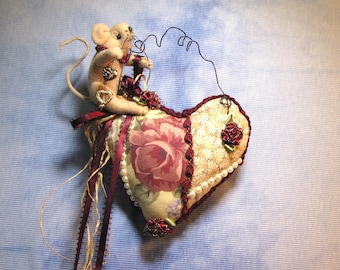 Mouse Pin Cushion, Heart, Roses, Love, Primitive Pin Cushion, Primitive Valentine, Mouse Doll