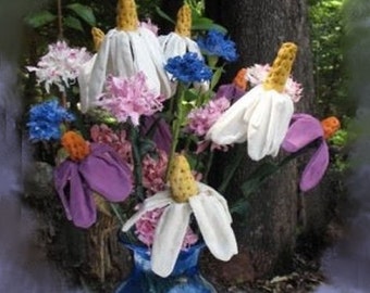 Fabric  Flower Pattern, Primitive Flowers, Primitive Flower Bouquet, Cornflowers, Carnations, Coneflowers