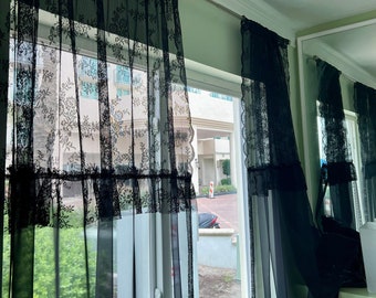 Französische Vintage Spitze Schwarz floral schiere Rüsche Tüll, romantische Gothic Vorhänge für Wohn- oder Schlafzimmer, hochwertige Fensterfüllung 1 teilig