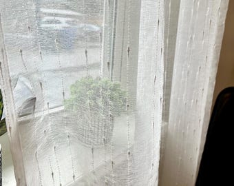Sheer white linen tulle, stripe embroidered curtains for kitchen or dining or living room, custom high quality window drapes panel 1 PCS