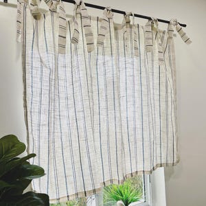 Semi sheer Cafe short curtain for kitchen, Farmhouse linen striped cotton country rustic windows drapery panel with ties for bathroom 1 PCS