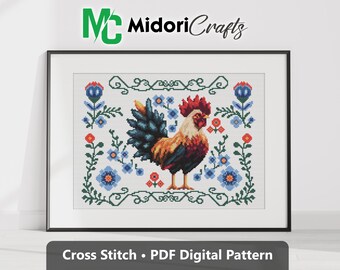 Folk Rooster Cross Stitch Pattern: Farm Floral Design (PDF Digital Pattern)