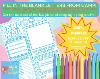 LETTER FUN QUESTIONNAIRE Fill in the Blank Template - For All Camps! Designed for the camper to be creative and color a masterpiece for you!
