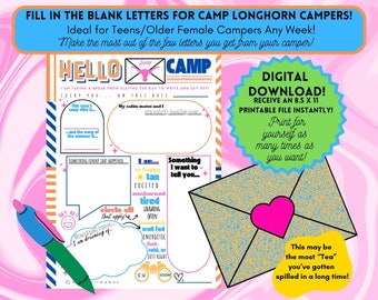 Summer Camp Letter Fill in the Blank Camp Longhorn Great for Pre-Teens/Teen Girls Anytime at camp!