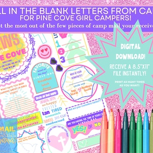 May include: A printable set of activity sheets for girls' summer camp. The sheets feature fun activities like filling in the blank letters, circling favorite meals, and answering questions about camp life. The sheets are designed with a pink and green color scheme and feature a variety of fun illustrations.