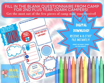 FUN QUESTIONNAIRE for OZARK 2nd + year campers Summer Camp Mail Letter Template Printable