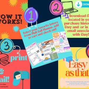 May include: A colorful infographic showing how to download, print, and mail printable letters from Mail Call Mamas. The infographic features a laptop, printer, mailbox, and four numbered steps. The text "Easy as that!" is featured in a yellow circle with a blue outline.