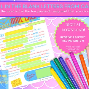 Plantilla para completar en blanco para campamento de verano de chicas, carta de descarga digital para todos los campamentos