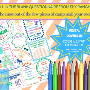May include: A printable questionnaire with a colorful design featuring a church, a cross, and a dove. The questionnaire is titled "Fill in the Blank Questionnaire from Sky Ranch!" and includes questions about favorite activities, counselors' names, and Bible study. The text "Digital Download! Receive an 8.5"x11" file instantly! Print as many times as you want!" is also included.