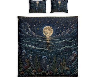 Juego de funda nórdica Océano Iluminado por la Luna / Ropa de cama de algodón Luna Llena / Decoración de dormitorio Océano Celestial / Ropa de cama Océano Medusas