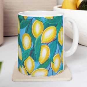 Lemon Grove Ceramic Coffee Mug: Italian Lemon Painting, Kitchen Decor