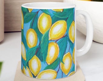 Lemon Grove Ceramic Coffee Mug: Italian Lemon Painting, Kitchen Decor