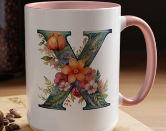 Floral Letter X Mug: Watercolor Monogram Coffee Cup