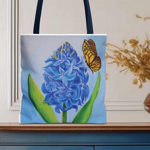 Blue Hyacinth Butterfly Tote Bag: Floral Art Canvas Tote