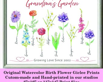 May include: A watercolour print of a floral arrangement with the title "Grandma's Garden". The print features a variety of flowers, including carnations, daffodils, and lilies. Each flower is labelled with a name, such as "Kiann", "Gracie", and "Michnel". The print is framed with glass and measures 8x10 inches or 11x14 inches.