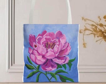 Peony Flower Print Tote Bag: Original Art Canvas Bag