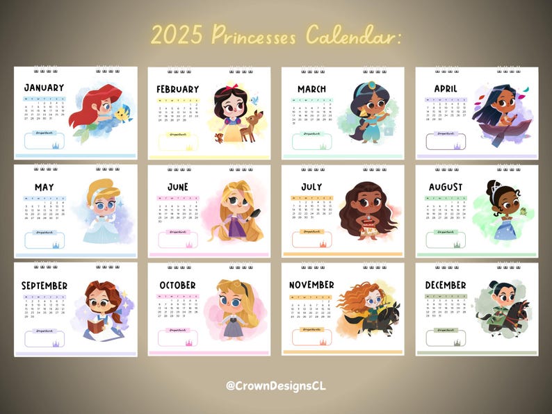 2025 Disney Princess Calendar Schedule Date and Notes Printable