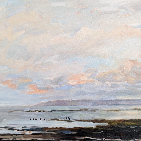 11x14 Moody Seascape Original oil painting cloud painting, Coastal Painting, Muted Beach Landscape Art, Above Bed Wall Art